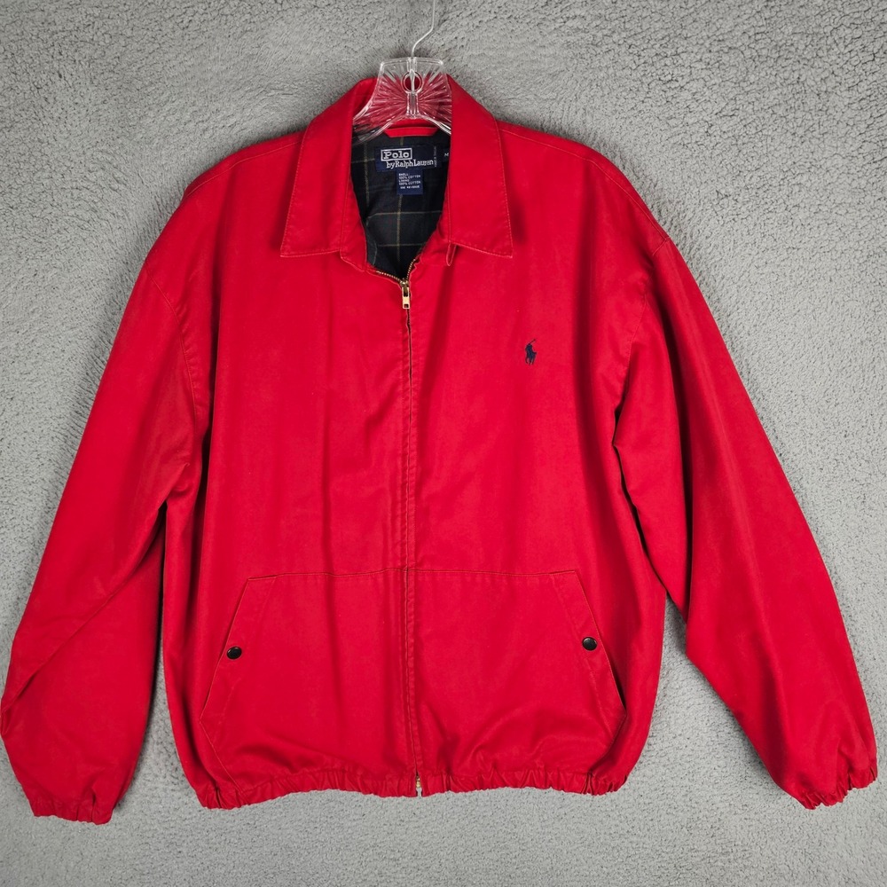 Polo Ralph Lauren Jacket Mens M Red Harrington Plaid Lined Full Zip Pony Vintage